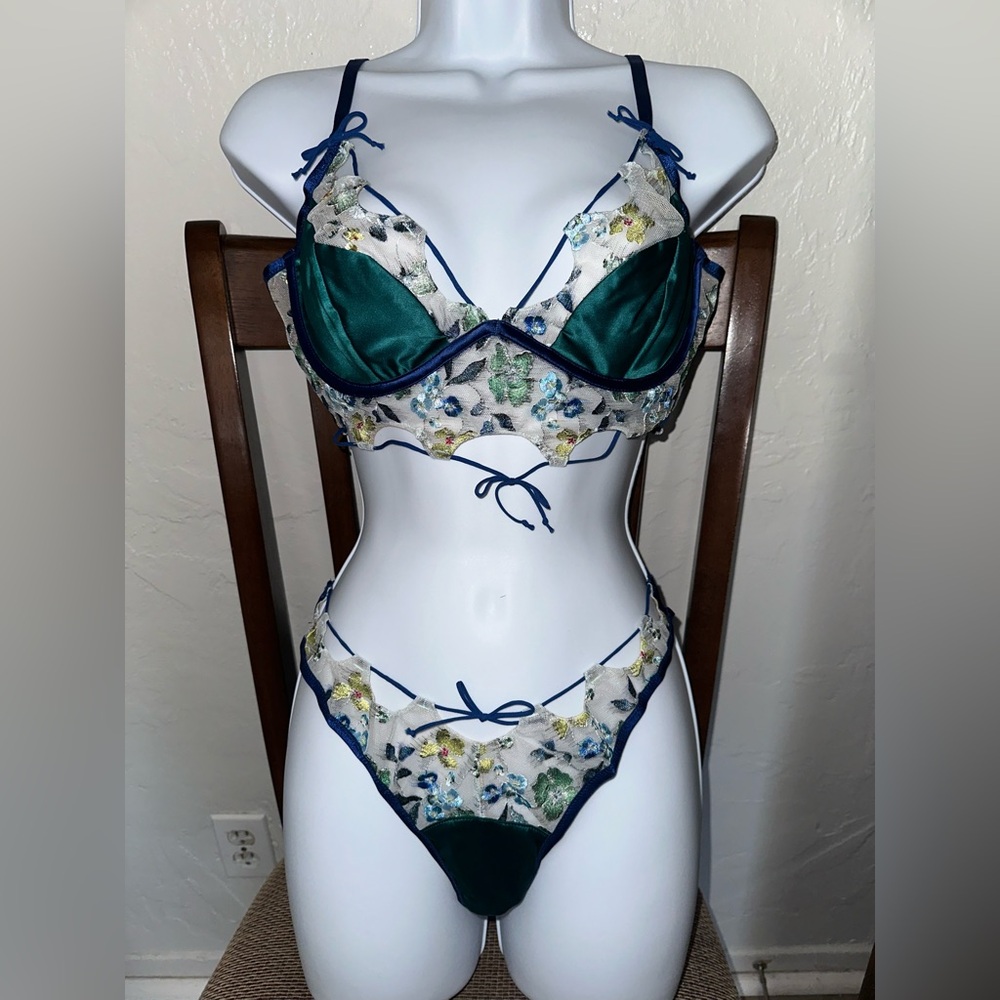 For Love And Lemons Green and Navy Floral Lace Bra Thong Lingerie Set Size Large